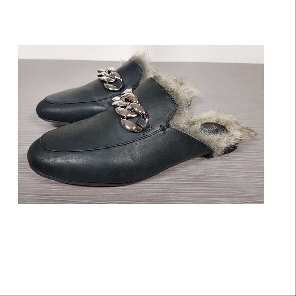 Jeffrey Campbell 'Apfel' Mule Black Leather With Faux Fur, Womens Size 6.5 - Picture 1 of 6